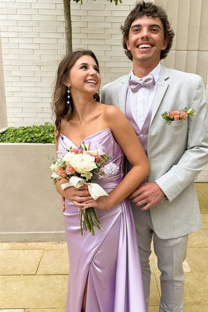 Simple Strapless Empire Satin Party Prom Dress With Slit And Train