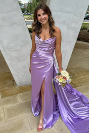Simple Strapless Empire Satin Party Prom Dress With Slit And Train