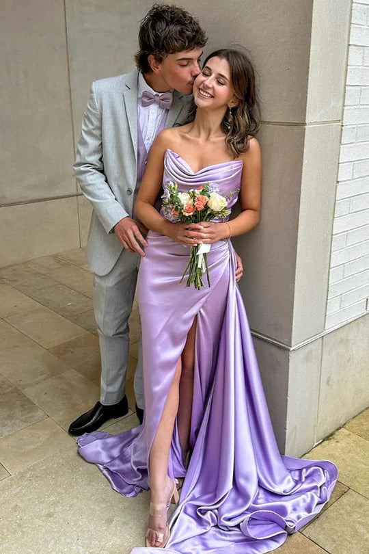 Simple Strapless Empire Satin Party Prom Dress With Slit And Train