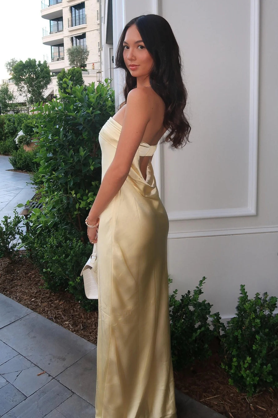 Simple Strapless Open Back Satin Fitted Evening Prom Dress