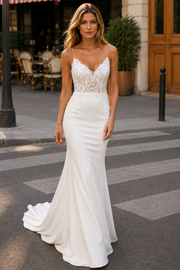 Simple V-Neck Spaghetti Straps Backless Mermaid Wedding Dress