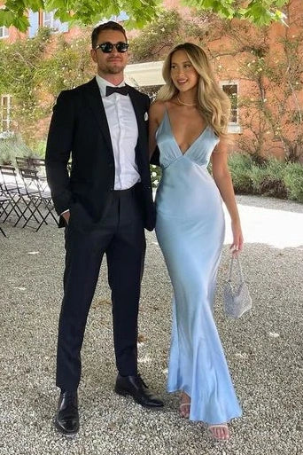 Simple V-Neck Spaghetti Straps Floor- Length Satin Party Prom Dress