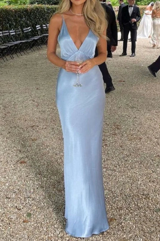 Simple V-Neck Spaghetti Straps Floor- Length Satin Party Prom Dress