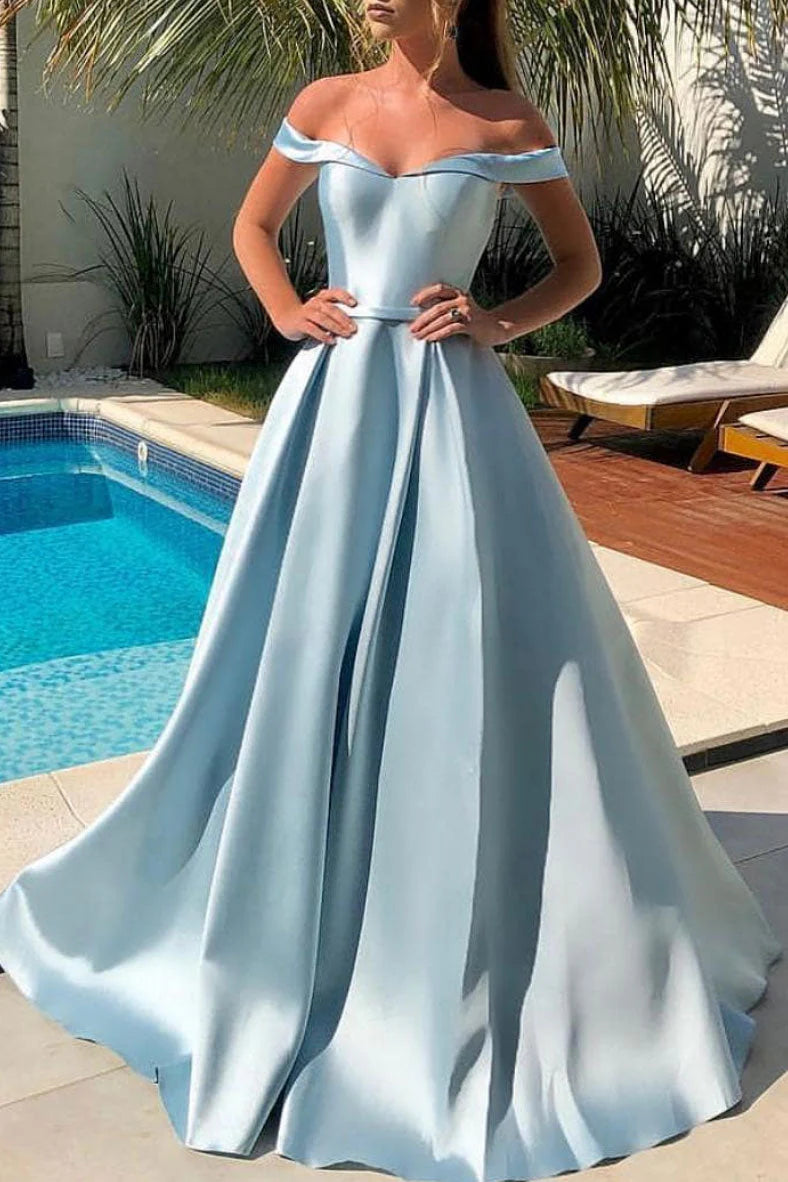 Sky Blue A-Line Off-Shoulder Long Party Prom Dress