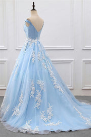 Light Blue Appliques Off-Shoulder A-line Long Prom Dress