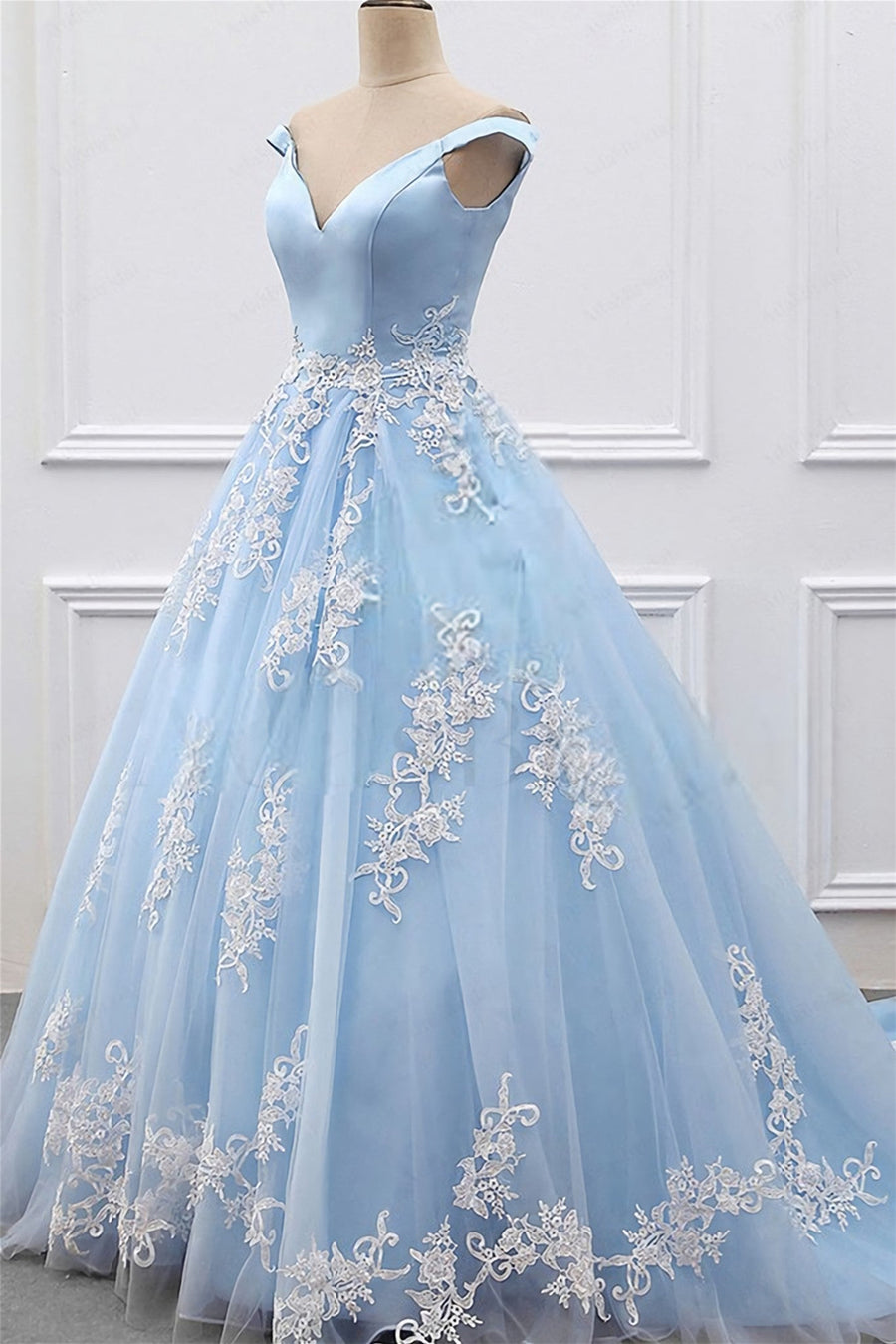 Light Blue Appliques Off-Shoulder A-line Long Prom Dress