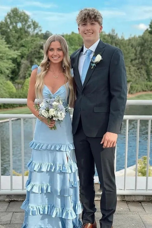 Sky Blue Satin A-Line V-Neck Ruffled Party Prom Dress