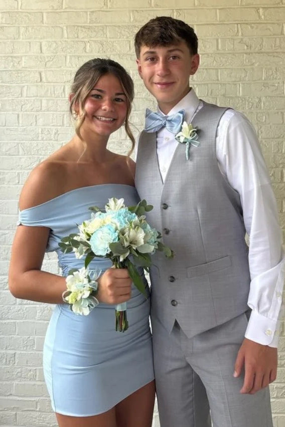 Sky Blue Satin Fitted Off-Shoulder Mini Party Homecoming Dress