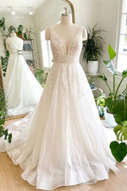 Sleeveless V-Neck Empire Sheer Appliques With Train Tulle A-Line Wedding Dress