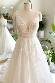 Sleeveless V-Neck Empire Sheer Appliques With Train Tulle A-Line Wedding Dress