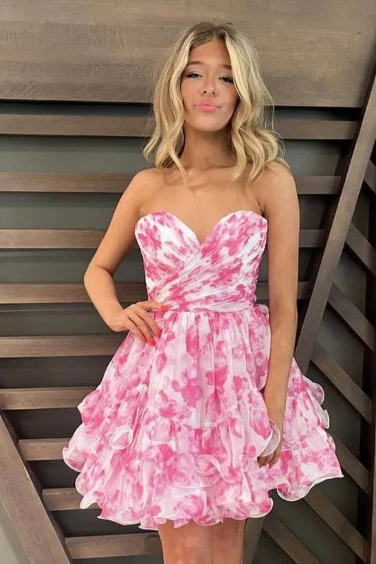 Chiffon A-Line Sweetheart Strapless Short Party Homecoming Dress
