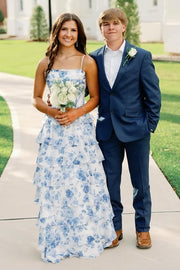 Spaghetti Straps A-Line Chiffon Tiered Floral Party Prom Dress