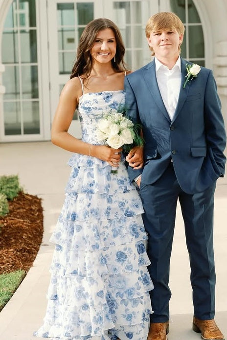 Spaghetti Straps A-Line Chiffon Tiered Floral Party Prom Dress