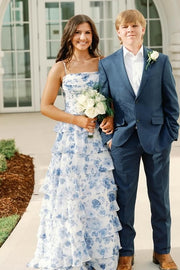 Spaghetti Straps A-Line Chiffon Tiered Floral Party Prom Dress
