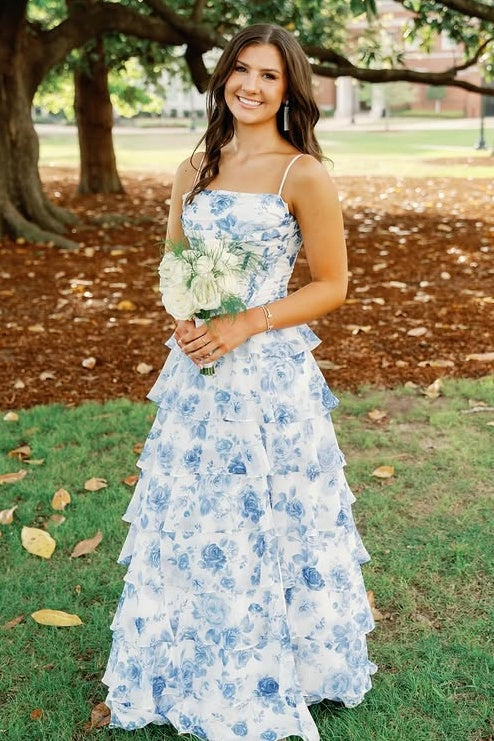 Spaghetti Straps A-Line Chiffon Tiered Floral Party Prom Dress
