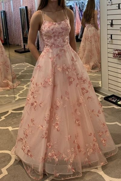 Spaghetti Straps A-Line Empire Tulle Floral Formal Party Prom Dress
