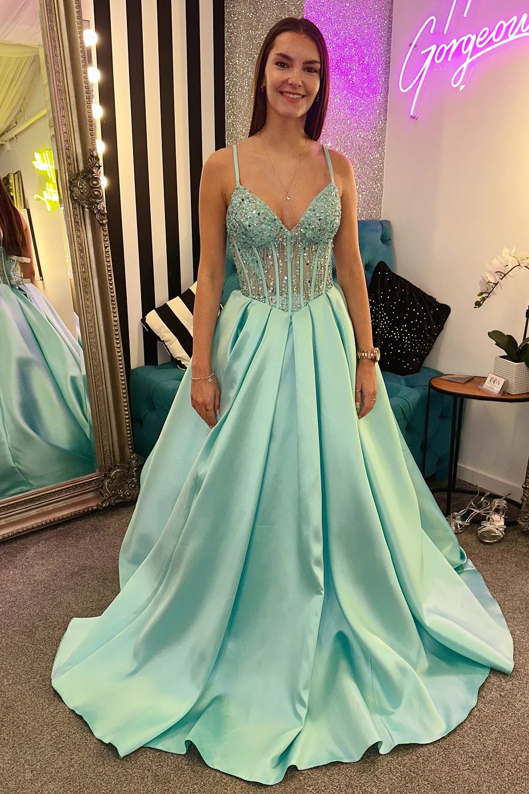 Spaghetti Straps A-Line Satin Beaded Top Party Prom Dress