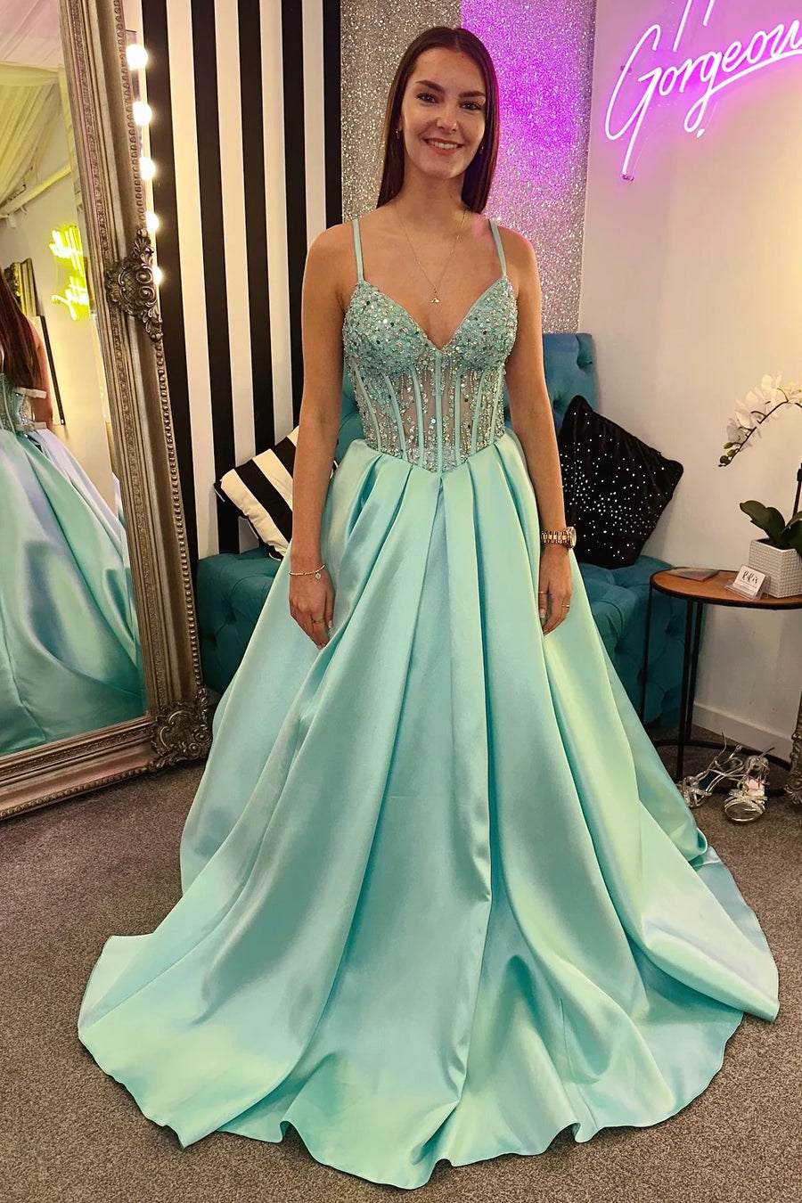 Spaghetti Straps A-Line Satin Beaded Top Party Prom Dress