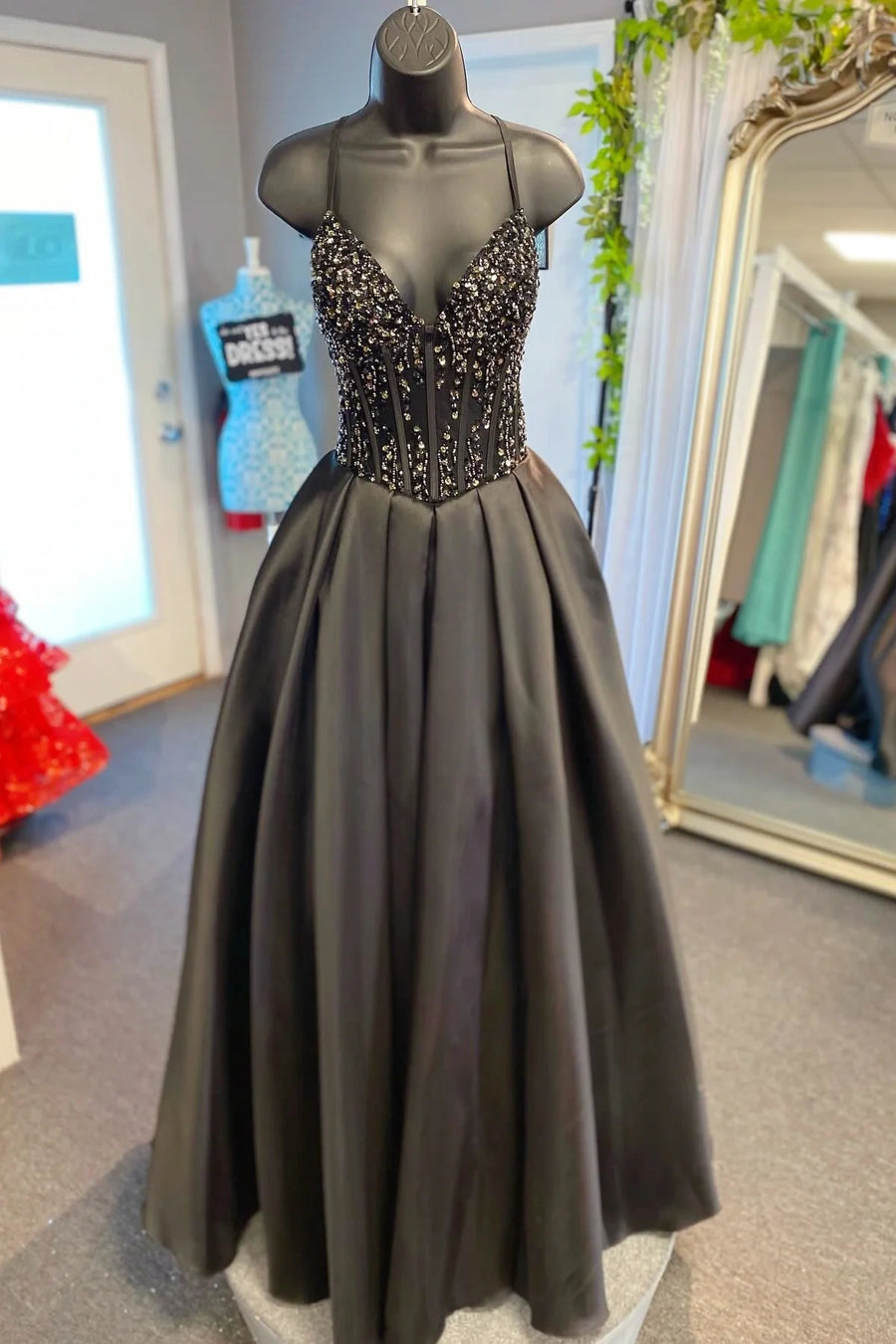 Spaghetti Straps A-Line Satin Beaded Top Party Prom Dress