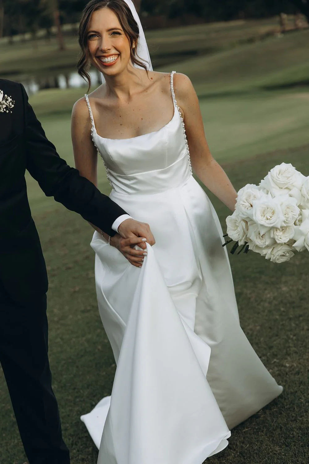 Spaghetti Straps A-Line Satin Empire Backless Wedding Dress