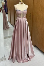 Spaghetti Straps A-Line Sheer Empire Beaded Long Formal Prom Dress