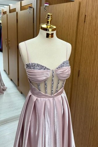 Spaghetti Straps A-Line Sheer Empire Beaded Long Formal Prom Dress