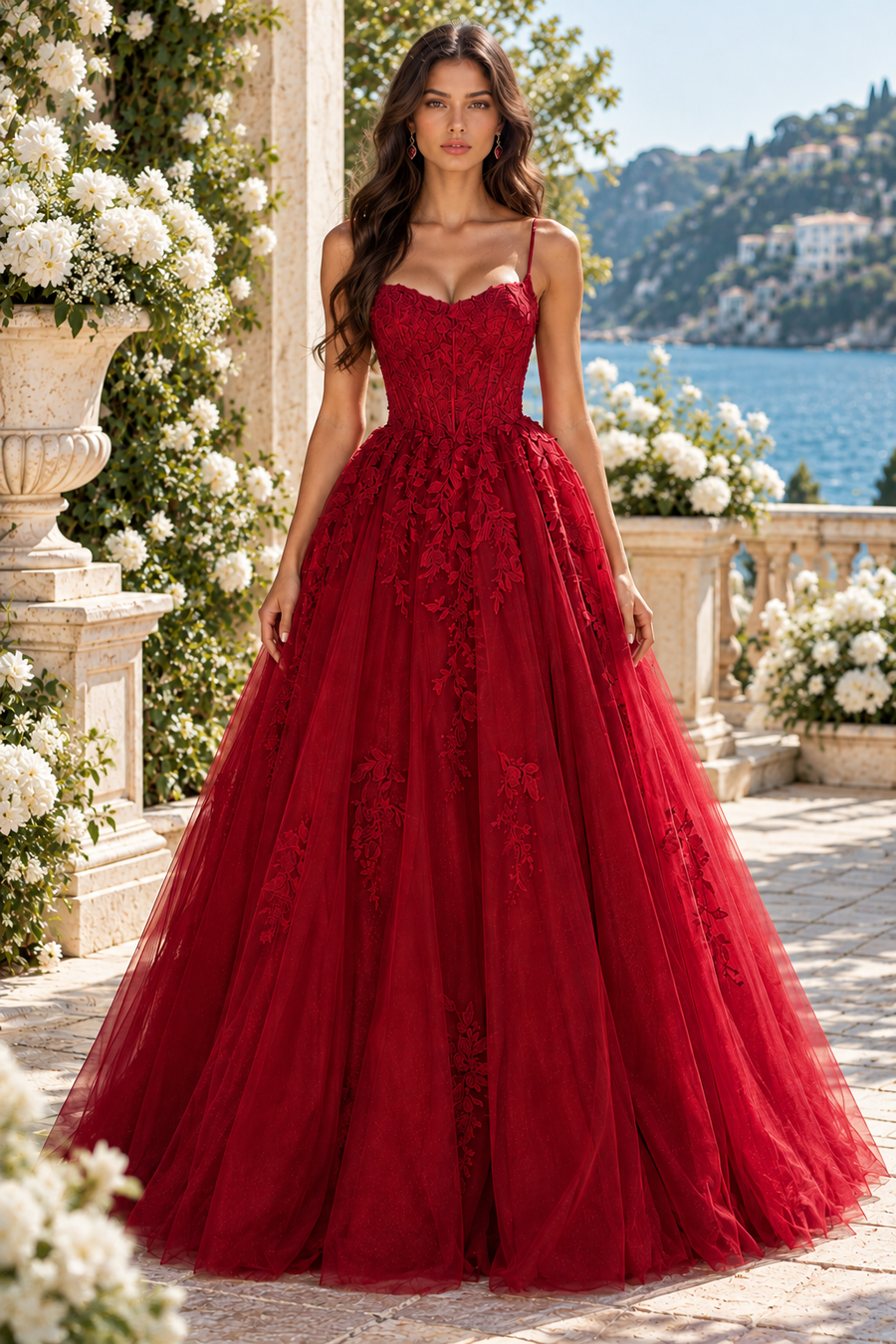 Spaghetti Straps A-Line Two Tone Lace Appliques Party Prom Dress