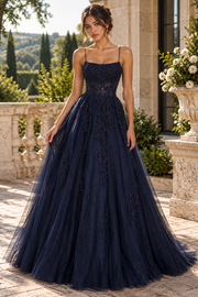 Spaghetti Straps A-Line Two Tone Lace Appliques Party Prom Dress
