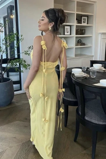 Spaghetti Straps Backless Chiffon Fitted Party  Prom Dress