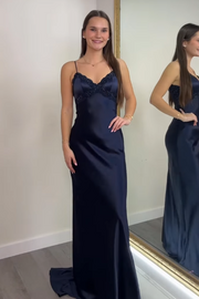 Spaghetti Straps Backless Satin Mermaid Party Prom Dress