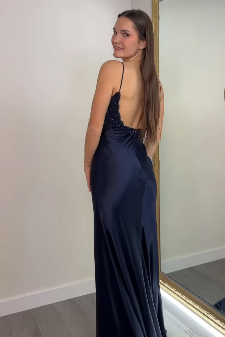 Spaghetti Straps Backless Satin Mermaid Party Prom Dress