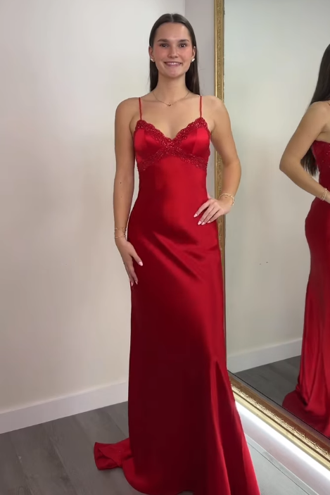 Spaghetti Straps Backless Satin Mermaid Party Prom Dress