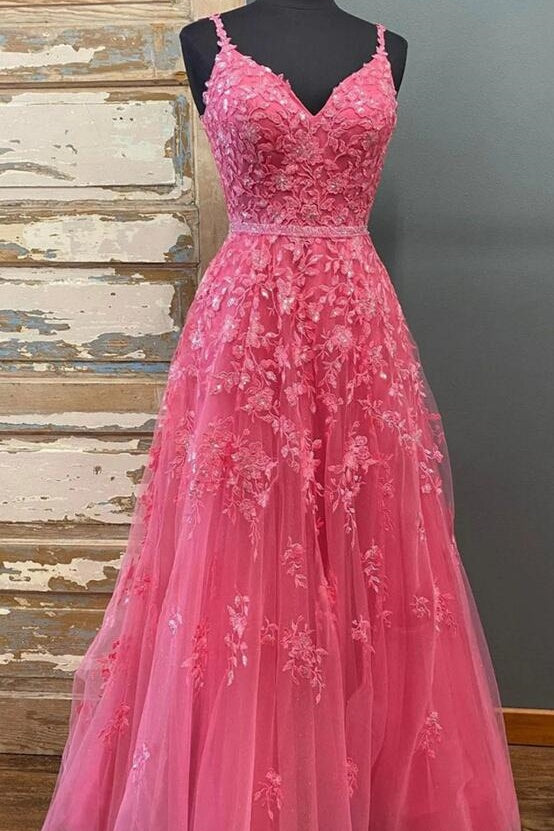 Spaghetti Straps Backless Tulle A-Line Appliques Prom Dress