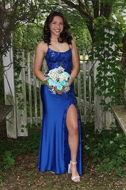 Spaghetti Straps Bateau Lace Appliques Mermaid Party Prom Dress