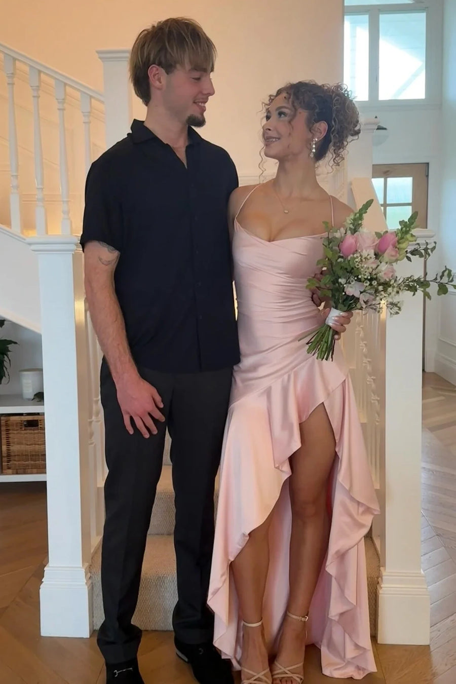 Spaghetti Straps Bateau Satin Party Prom Dress With Ruffle Slit