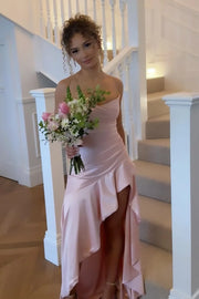 Spaghetti Straps Bateau Satin Party Prom Dress With Ruffle Slit