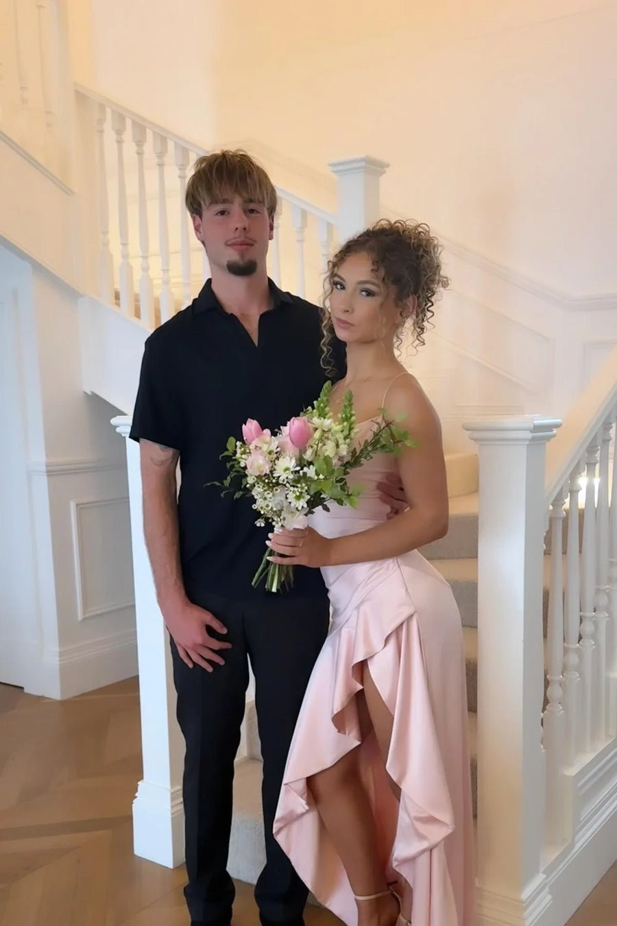 Spaghetti Straps Bateau Satin Party Prom Dress With Ruffle Slit