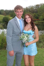 Spaghetti Straps Boat Satin And Sequin Mini Homecoming Dress