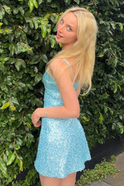 Spaghetti Straps Boat Satin And Sequin Mini Homecoming Dress