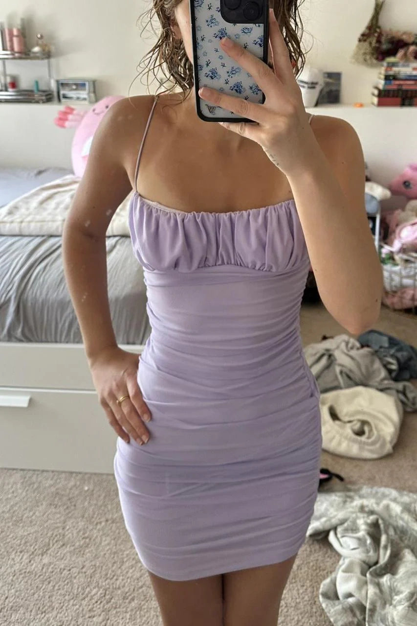 Spaghetti Straps Bodycon Chiffon Ruched Short Party Homecoming Dress
