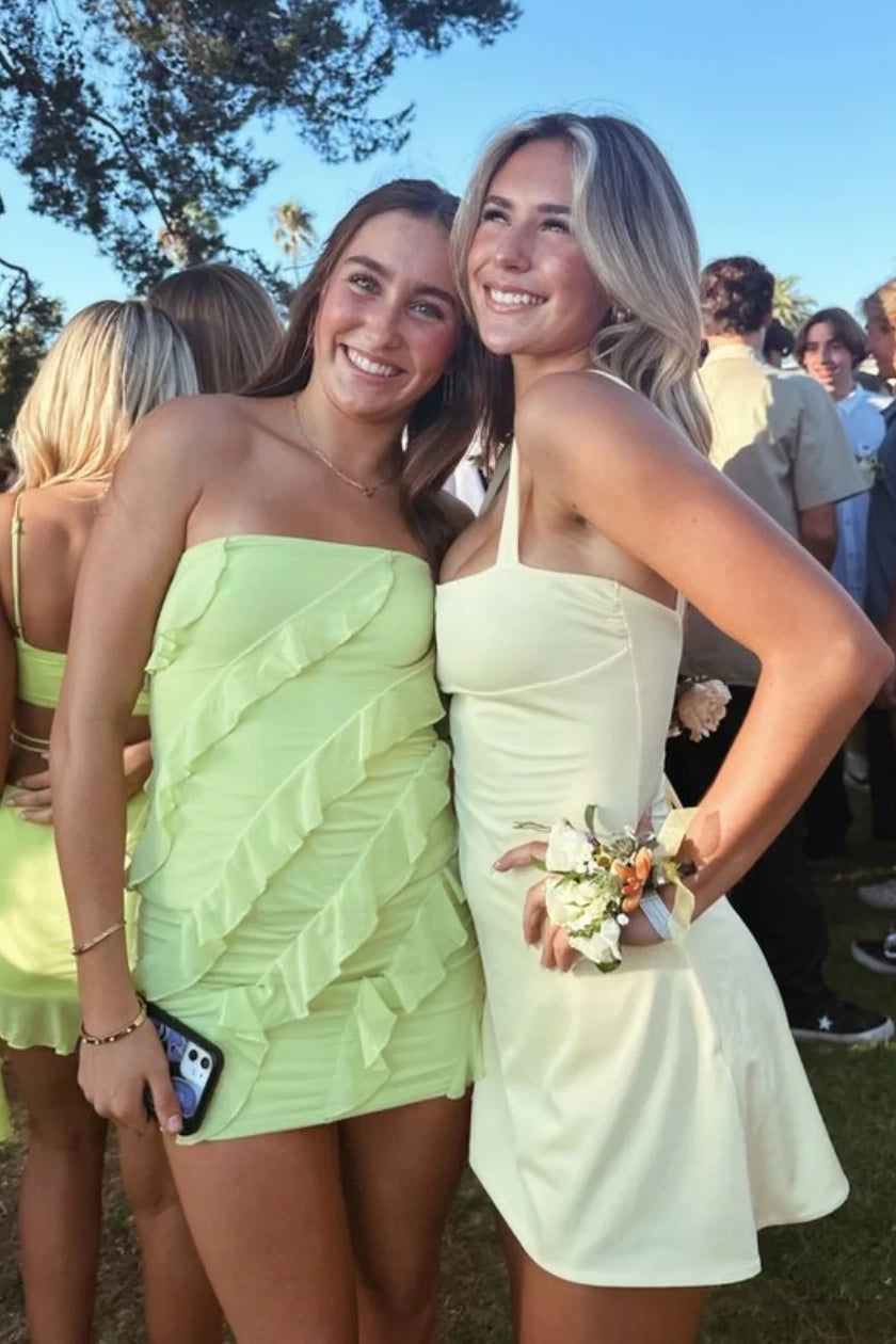Spaghetti Straps Casual Satin Mini Homecoming Party Dress Little Yellow / US 16 Spaghetti Straps Casual Satin Mini Homecoming Party Dress Little Yellow / US 16