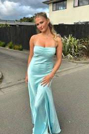 Spaghetti Straps Satin A-Line Party Prom Dress With Slit