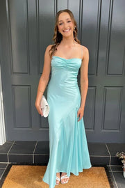 Spaghetti Straps Satin A-Line Party Prom Dress With Slit