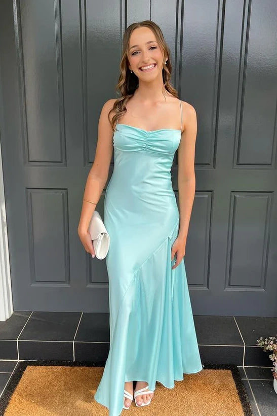 Spaghetti Straps Satin A-Line Party Prom Dress With Slit