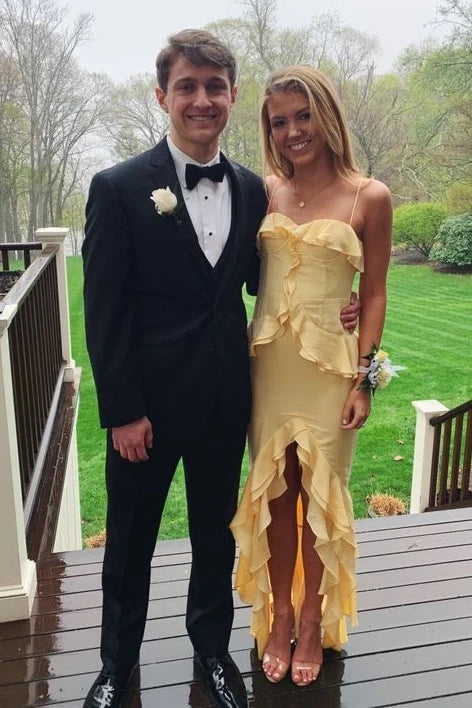 Spaghetti Straps Chiffon High Low Ruffle Party Prom Dress