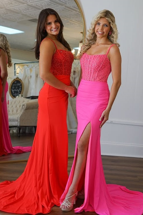 Spaghetti Straps Empire Mermaid Prom Dress With Slit