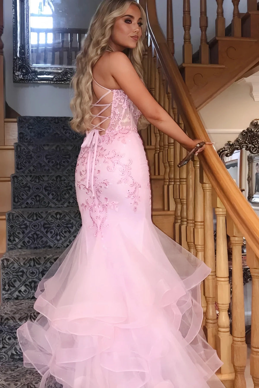 Spaghetti Straps Lace-Up Mermaid Floral Party Prom Dress