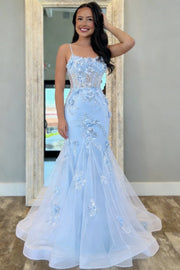 Spaghetti Straps Lace-Up Mermaid Floral Party Prom Dress