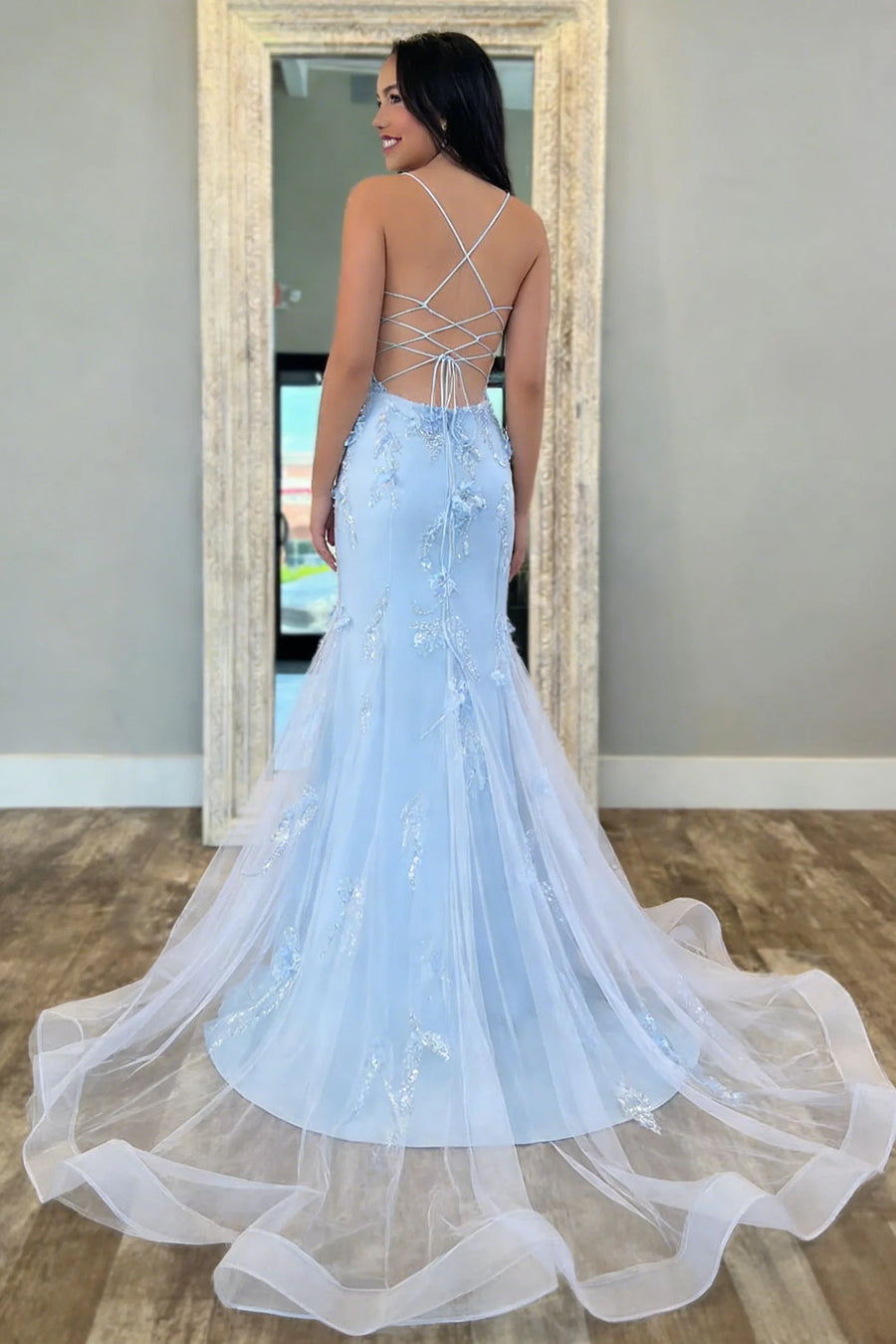 Spaghetti Straps Lace-Up Mermaid Floral Party Prom Dress