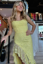 Spaghetti Straps Lace-Up Mermaid Lace Ruffle Split Party Prom Dress